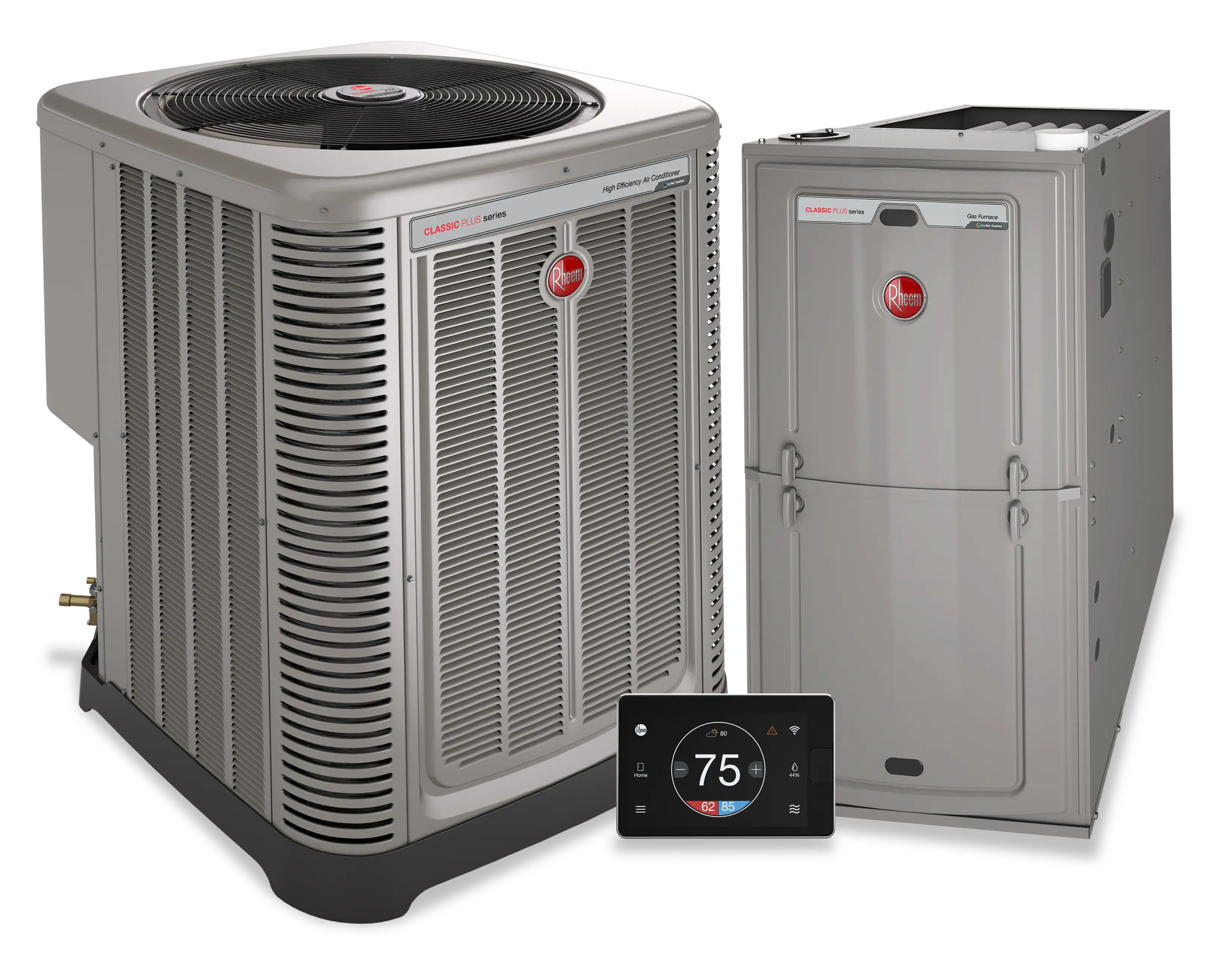 A Rheem HVAC system is shown, featuring an outdoor air conditioner unit, an indoor furnace, and a modern, digital thermostat set to 75 degrees. The units are gray and silver, highlighting their contemporary design.