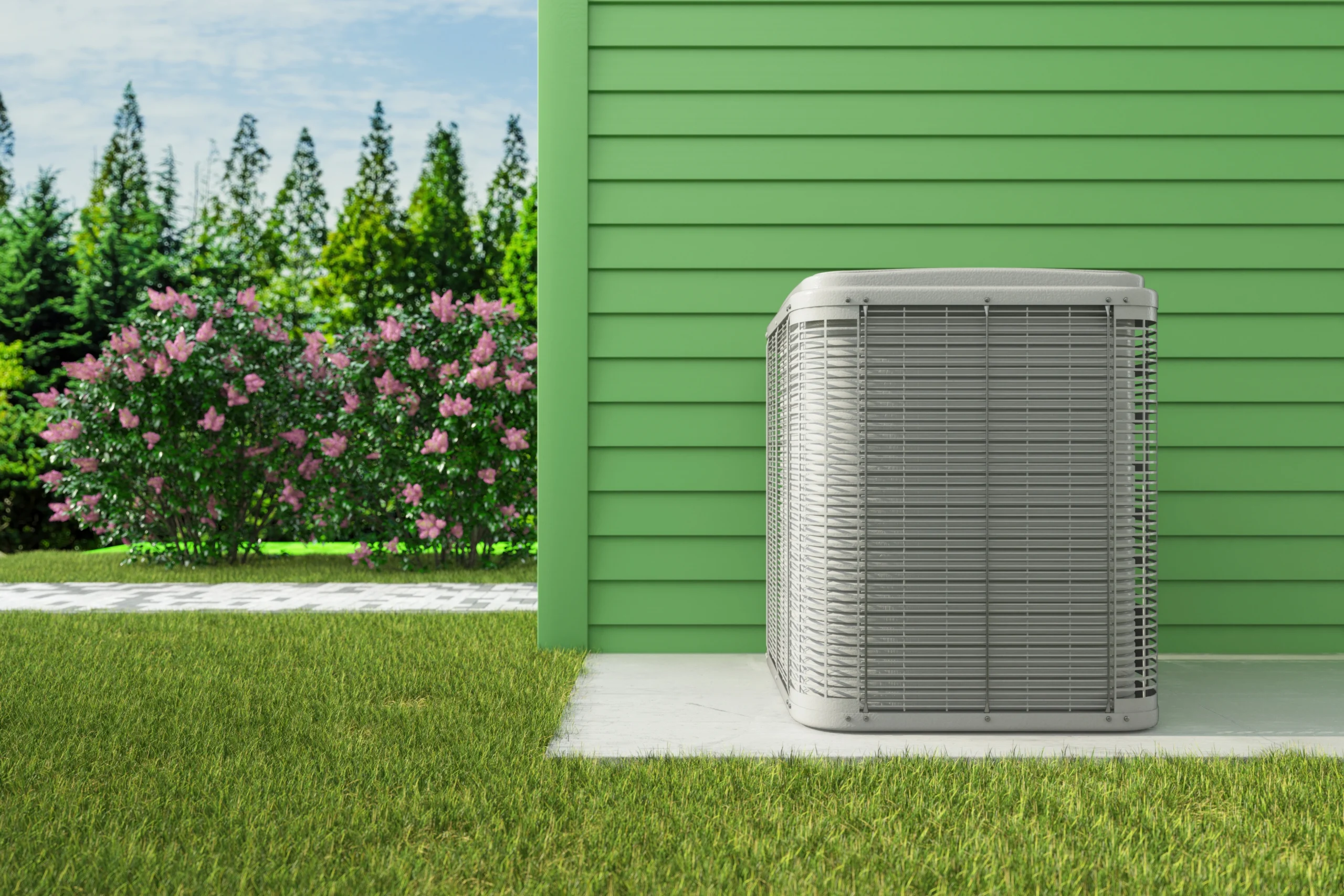 HVAC unit positioned in front of a green house, showcasing outdoor climate control equipment.